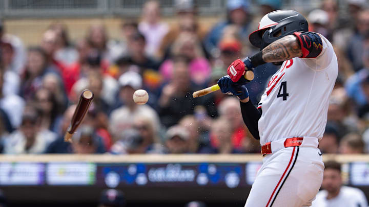 Apr 12, 2025; Minneapolis, Minnesota, USA; Minnesota Twins shortstop Carlos Correa (4) grounds into a fielders choice during the first inning against the Detroit Tigers at Target Field. Mandatory Credit: Jordan Johnson-Imagn Images Apr 12, 2025; Minneapolis, Minnesota, USA; Minnesota Twins shortstop Carlos Correa (4) grounds into a fielders choice during the first inning against the Detroit Tigers at Target Field. Mandatory Credit: Jordan Johnson-Imagn Images