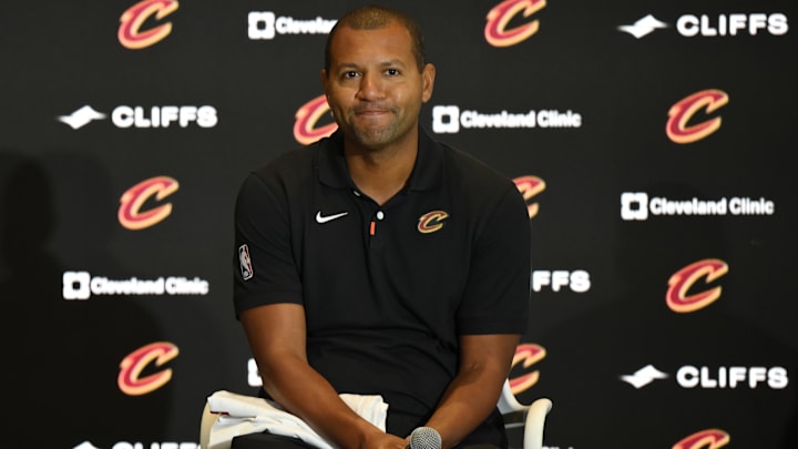 Sep 14, 2022; Cleveland, OH, USA; Cleveland Cavaliers president of basketball operations Koby Altman during an introductory press conference at Rocket Mortgage FieldHouse. Mandatory Credit: David Richard-Imagn Images Sep 14, 2022; Cleveland, OH, USA; Cleveland Cavaliers president of basketball operations Koby Altman during an introductory press conference at Rocket Mortgage FieldHouse. Mandatory Credit: David Richard-Imagn Images