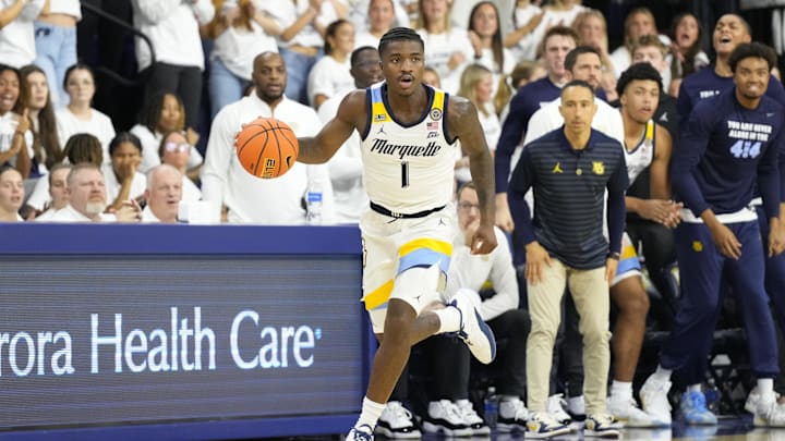 Nov 8, 2024; Milwaukee, Wisconsin, USA; Marquette Golden Eagles guard Kam Jones (1) during the game against the George Mason Patriots at Al McGuire Center. Mandatory Credit: Jeff Hanisch-Imagn Images Nov 8, 2024; Milwaukee, Wisconsin, USA; Marquette Golden Eagles guard Kam Jones (1) during the game against the George Mason Patriots at Al McGuire Center. Mandatory Credit: Jeff Hanisch-Imagn Images