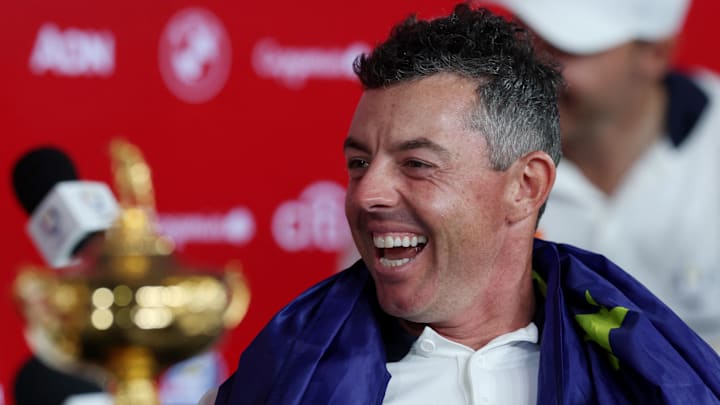 Team Europe's Rory McIlroy during a press conference after winning the Ryder Cup on the final day of competition for the Ryder Cup at Bethpage Black.