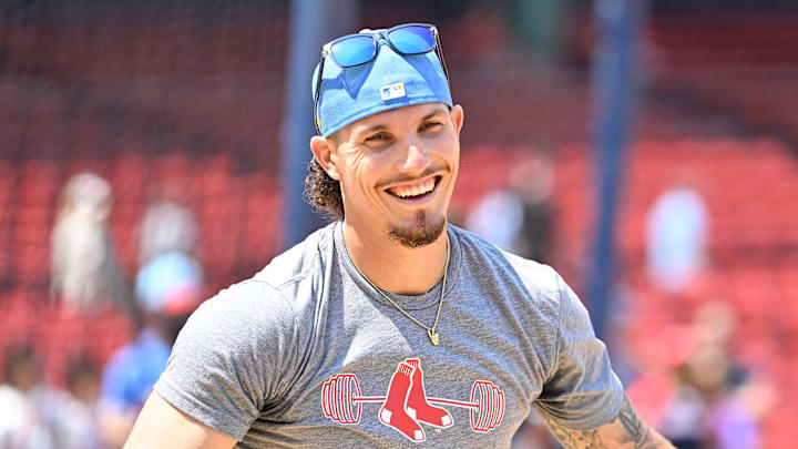 Jul 12, 2025; Boston, Massachusetts, USA;  Boston Red Sox center fielder Jarren Duran (16) after taking batting practice before a game against the Tampa Bay Rays at Fenway Park. Mandatory Credit: Eric Canha-Imagn Images