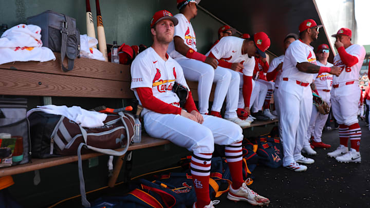 Feb 27, 2026; Jupiter, Florida, USA; St. Louis Cardinals starting pitcher Quinn Mathews (60) sits in the dugout before the game against the New York Mets at Roger Dean Chevrolet Stadium. Mandatory Credit: Sam Navarro-Imagn Images