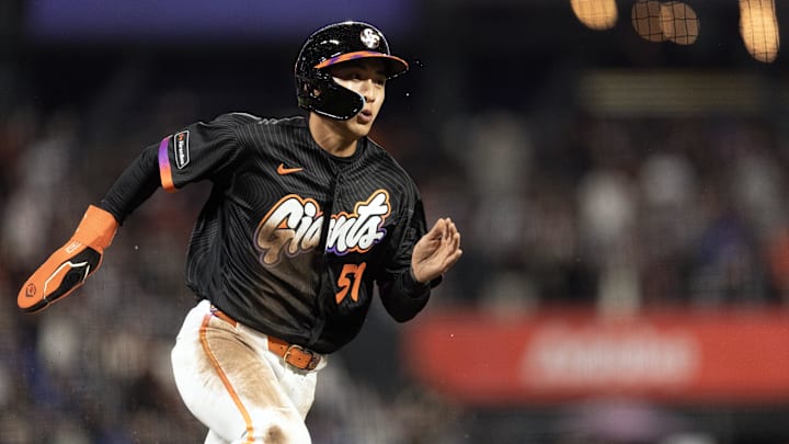 Apr 21, 2026; San Francisco, California, USA; San Francisco Giants right fielder Jung Hoo Lee (51) runs the bases during the sixth inning against the Los Angeles Dodgers at Oracle Park. Lee was thrown out at the plate. Mandatory Credit: D. Ross Cameron-Imagn Images