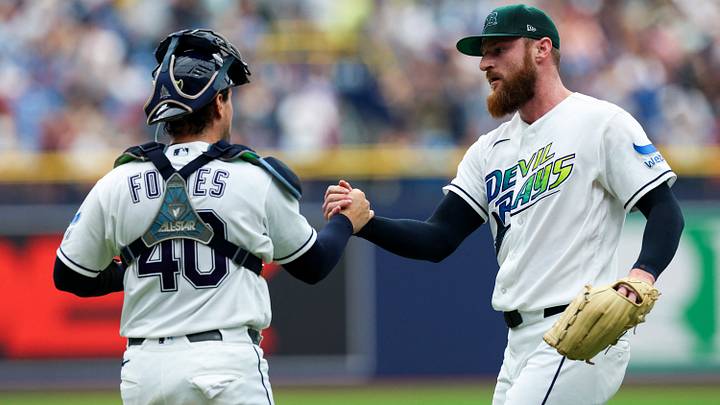 Jul 26, 2026; St. Petersburg, Florida, USA; Tampa Bay Rays pitcher Bryan Baker (47) and catcher Nick Fortes (40) react after beating the Cleveland Guardians at Tropicana Field. Mandatory Credit: Nathan Ray Seebeck-Imagn Images Jul 26, 2026; St. Petersburg, Florida, USA; Tampa Bay Rays pitcher Bryan Baker (47) and catcher Nick Fortes (40) react after beating the Cleveland Guardians at Tropicana Field. Mandatory Credit: Nathan Ray Seebeck-Imagn Images