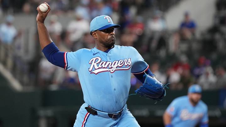 Jul 5, 2026; Arlington, Texas, USA;  Texas Rangers pitcher Kumar Rocker (80) throws to the plate against the Detroit Tigers during the first inning at Globe Life Field. Mandatory Credit: Raymond Carlin III-Imagn Images