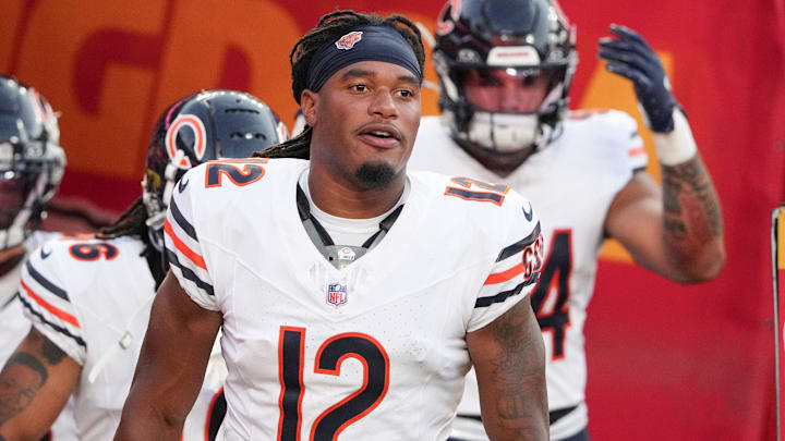 Chicago Bears wide receiver Velus Jones Jr. (12) runs onto the field against the Kansas City Chiefs prior to a game at GEHA Field at Arrowhead Stadium.