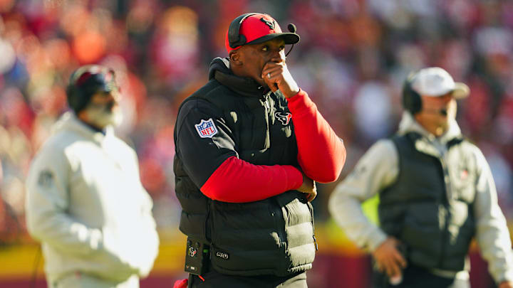 Dec 21, 2024; Kansas City, Missouri, USA; Houston Texans head coach DeMeco Ryans reacts after an injury to wide receiver Tank Dell (not pictured) during the second half against the Kansas City Chiefs at GEHA Field at Arrowhead Stadium. Mandatory Credit: Jay Biggerstaff-Imagn Images