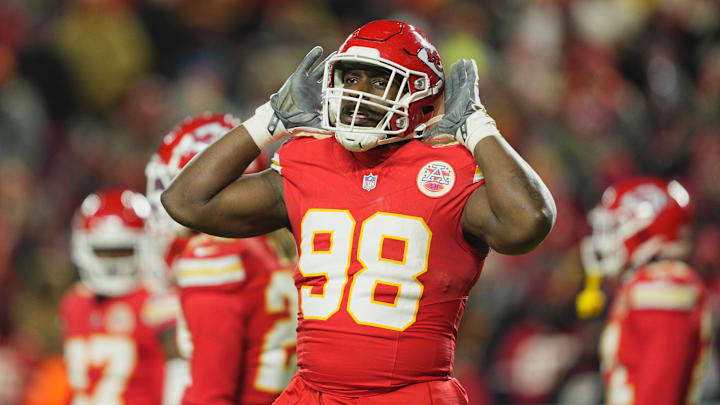 Jan 18, 2025; Kansas City, Missouri, USA; Kansas City Chiefs defensive tackle Tershawn Wharton (98) reacts during the fourth quarter of a 2025 AFC divisional round game against the Houston Texans at GEHA Field at Arrowhead Stadium. Mandatory Credit: Jay Biggerstaff-Imagn Images Jan 18, 2025; Kansas City, Missouri, USA; Kansas City Chiefs defensive tackle Tershawn Wharton (98) reacts during the fourth quarter of a 2025 AFC divisional round game against the Houston Texans at GEHA Field at Arrowhead Stadium. Mandatory Credit: Jay Biggerstaff-Imagn Images