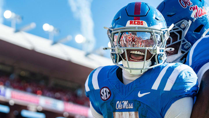 Ole Miss running back Kewan Lacy (5) celebrates after scoring a touchdown during a college football game between Ole Miss and LSU at Vaught-Hemingway Stadium in Oxford, Miss., on Saturday, Sept. 27, 2025. Ole Miss defeated LSU 24-19.