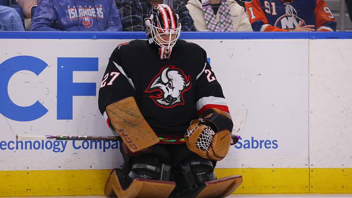 Nov 1, 2024; Buffalo, New York, USA; Buffalo Sabres goaltender Devon Levi (27) during a stoppage in play against the New York Islanders during the first period at KeyBank Center. Mandatory Credit: Timothy T. Ludwig-Imagn Images Nov 1, 2024; Buffalo, New York, USA; Buffalo Sabres goaltender Devon Levi (27) during a stoppage in play against the New York Islanders during the first period at KeyBank Center. Mandatory Credit: Timothy T. Ludwig-Imagn Images