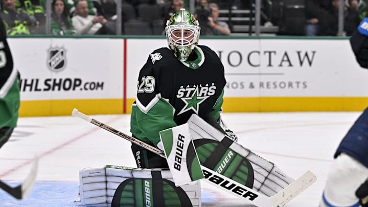 Feb 2, 2026; Dallas, Texas, USA; Dallas Stars goaltender Jake Oettinger (29) faces the Winnipeg Jets attack during the third period at the American Airlines Center. Mandatory Credit: Jerome Miron-Imagn Images