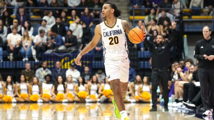 Jan 18, 2024; Berkeley, California, USA; California Golden Bears guard Jaylon Tyson (20) dribbles against the Washington Huskies during the second half at Haas Pavilion. Mandatory Credit: Darren Yamashita-USA TODAY Sports