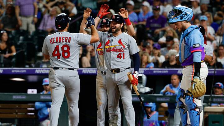 Sep 4, 2026; Denver, Colorado, USA; St. Louis Cardinals designated hitter Ivan Herrera (48) celebrates his three run home run with first baseman Alec Burleson (41) and shortstop Thomas Saggese (25) in the ninth inning against the Colorado Rockies at Coors Field. Mandatory Credit: Isaiah J. Downing-Imagn Images