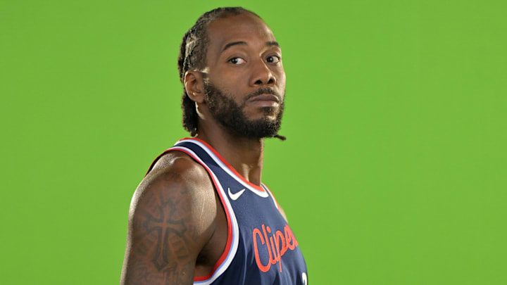 Sep 30, 2024; Inglewood, CA, USA;  Los Angeles Clippers forward Kawhi Leonard (2) during media day at Intuit Dome. Mandatory Credit: Jayne Kamin-Oncea-Imagn Images