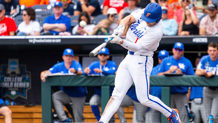 Jun 19, 2024; Omaha, NE, USA; Florida Gators first baseman Jac Caglianone (14) hits a home run against the Kentucky Wildcats during the sixth inning at Charles Schwab Field Omaha. The 75th home run of his career, Caglianone breaks the Florida all-time home run record previously held by Matt LaPorta. Mandatory Credit: Dylan Widger-Imagn Images Jun 19, 2024; Omaha, NE, USA; Florida Gators first baseman Jac Caglianone (14) hits a home run against the Kentucky Wildcats during the sixth inning at Charles Schwab Field Omaha. The 75th home run of his career, Caglianone breaks the Florida all-time home run record previously held by Matt LaPorta. Mandatory Credit: Dylan Widger-Imagn Images