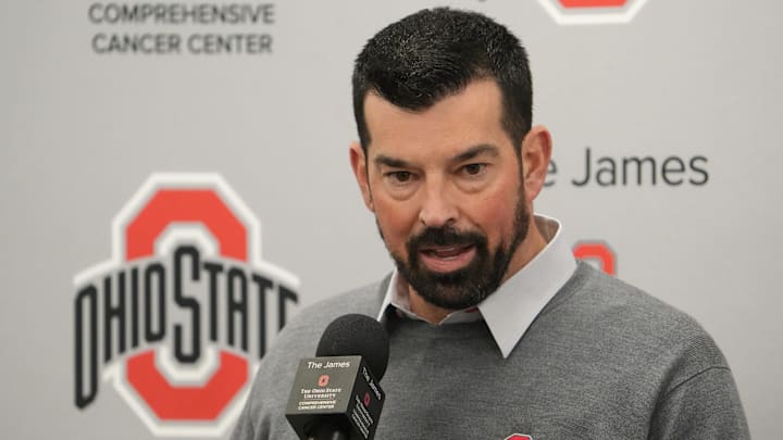 Ohio State football coach Ryan Day speaks to media.