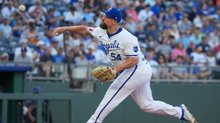 Jun 12, 2024; Kansas City, Missouri, USA; Kansas City Royals starting pitcher Dan Altavilla (54) delivers a pitch against the New York Yankees in the first inning at Kauffman Stadium.
