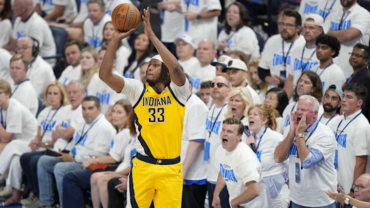 Jun 5, 2025; Oklahoma City, Oklahoma, USA; Indiana Pacers center Myles Turner (33) shoots the ball against the Oklahoma City Thunder during the fourth quarter in game one of the 2025 NBA Finals at Paycom Center. Mandatory Credit: Kyle Terada-Imagn Images
