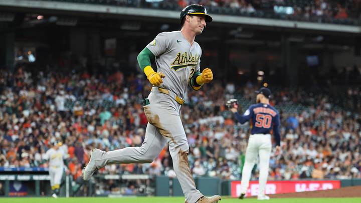 Jun 7, 2026; Houston, Texas, USA; Houston Astros starting pitcher Mike Burrows (50) reacts and Athletics designated hitter Brent Rooker (25) rounds the bases after. hitting a home run during the fifth inning at Daikin Park. Mandatory Credit: Troy Taormina-Imagn Images Jun 7, 2026; Houston, Texas, USA; Houston Astros starting pitcher Mike Burrows (50) reacts and Athletics designated hitter Brent Rooker (25) rounds the bases after. hitting a home run during the fifth inning at Daikin Park. Mandatory Credit: Troy Taormina-Imagn Images