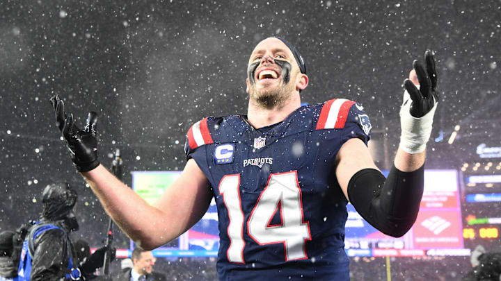 Jan 18, 2026; Foxborough, MA, USA; New England Patriots linebacker Robert Spillane (14) reacts after defeating the Houston Texans in an AFC Divisional Round game at Gillette Stadium. Mandatory Credit: Brian Fluharty-Imagn Images