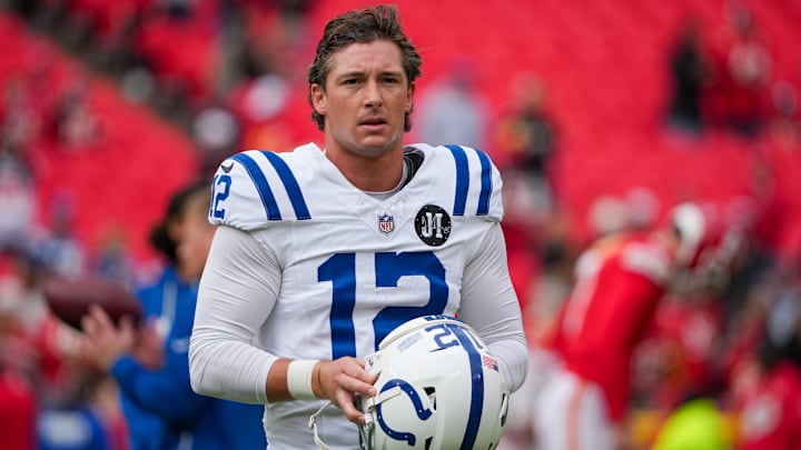 Nov 23, 2025; Kansas City, Missouri, USA; Indianapolis Colts kicker Michael Badgley (12) on field against the Kansas City Chiefs prior to a game at GEHA Field at Arrowhead Stadium. Nov 23, 2025; Kansas City, Missouri, USA; Indianapolis Colts kicker Michael Badgley (12) on field against the Kansas City Chiefs prior to a game at GEHA Field at Arrowhead Stadium.