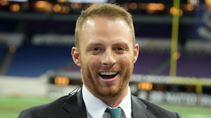 Greg McElroy attends the 2022 CFP college football national championship game at Lucas Oil Stadium