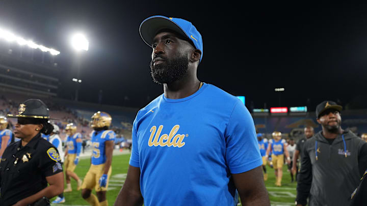 Sep 14, 2024; Pasadena, California, USA; UCLA Bruins head coach DeShaun Foster reacts after the game against the Indiana Hoosiers at Rose Bowl. Mandatory Credit: Kirby Lee-Imagn Images