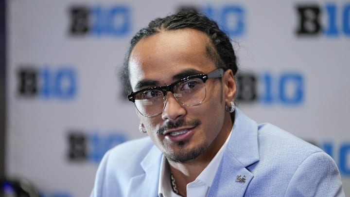 Jul 24, 2025; Las Vegas, NV, USA; UCLA quarterback Nico Iamaleava speaks to the media during the Big Ten NCAA college football media days at Mandalay Bay Resort. Mandatory Credit: Lucas Peltier-Imagn Images