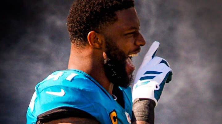 Jacksonville Jaguars defensive end Josh Hines-Allen (41) enters the stadium before an NFL football game at EverBank Stadium, Sunday, Dec. 14, 2025, in Jacksonville, Fla. 
