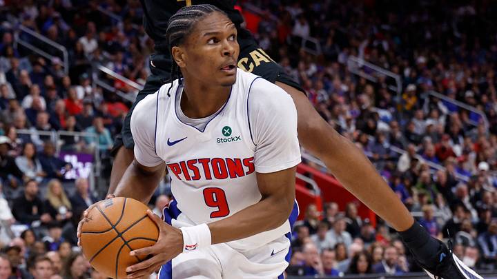 May 7, 2026; Detroit, Michigan, USA; Detroit Pistons guard Ausar Thompson (9) is defended by Cleveland Cavaliers center Evan Mobley (4) in the second half during game two of the second round of the 2026 NBA Playoffs at Little Caesars Arena. Mandatory Credit: Rick Osentoski-Imagn Images