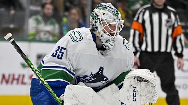 Dec 21, 2023; Dallas, Texas, USA; Vancouver Canucks goaltender Thatcher Demko (35) faces the Dallas