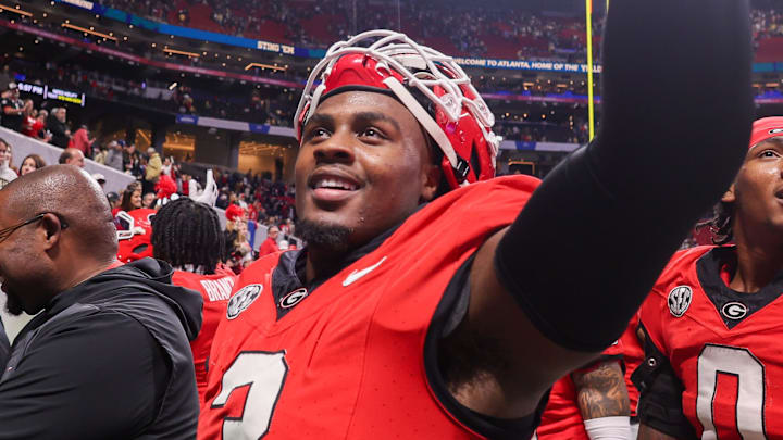 Nov 28, 2025; Atlanta, Georgia, USA; Georgia Bulldogs linebacker CJ Allen (3) celebrates after a victory over the Georgia Tech Yellow Jackets at Mercedes-Benz Stadium. Mandatory Credit: Brett Davis-Imagn Images
Nov 28, 2025; Atlanta, Georgia, USA; Georgia Bulldogs linebacker CJ Allen (3) celebrates after a victory over the Georgia Tech Yellow Jackets at Mercedes-Benz Stadium. Mandatory Credit: Brett Davis-Imagn Images