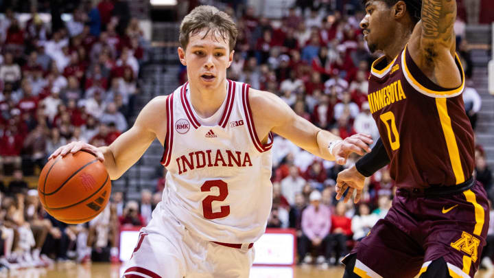 Indiana Hoosiers guard Gabe Cupps (2) drives against Minnesota at Simon Skjodt Assembly Hall. 