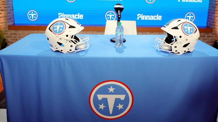Photo of the new Titans helmets set up during a pre NFL draft press conference held at the Titans practice facility Thursday, April 16, 2026.