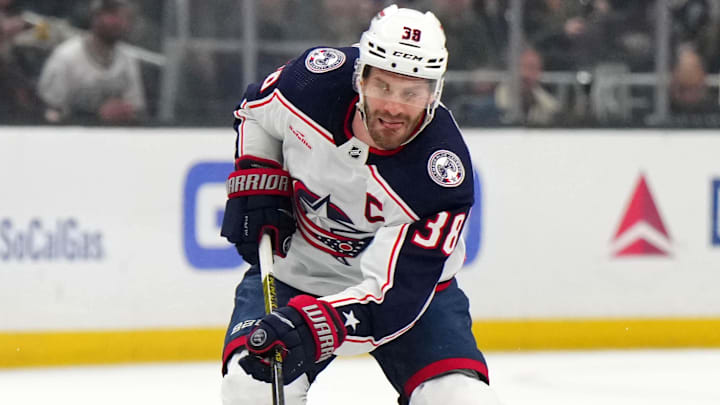 Feb 20, 2024; Los Angeles, California, USA; Columbus Blue Jackets center Boone Jenner (38) skates