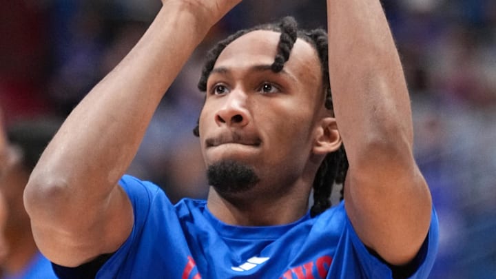 Feb 21, 2026; Lawrence, Kansas, USA; Kansas Jayhawks guard Darryn Peterson (22) warms up against the Cincinnati Bearcats prior to a game at Allen Fieldhouse. Mandatory Credit: Denny Medley-Imagn Images