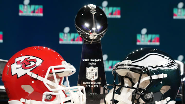 Feb 8, 2023; Phoenix, AZ, USA; Kansas City Chiefs and Philadelphia Eagles helmets and Vince Lombardi trophy at press conference at Phoenix Convention Center. Mandatory Credit: Kirby Lee-Imagn Images
