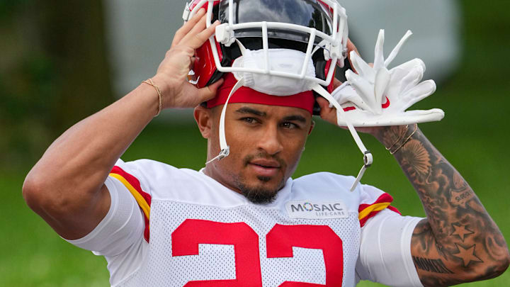 Jul 22, 2025; St. Joseph, MO, USA; Kansas City Chiefs cornerback Trent McDuffie (22) walks down the hill to the fields during training camp at Missouri Western State University. Mandatory Credit: Denny Medley-Imagn Images