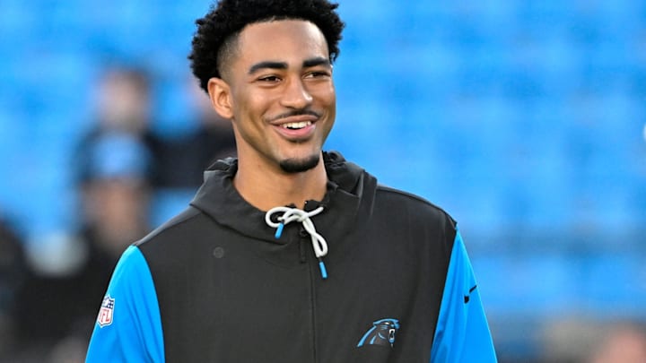 Dec 1, 2024; Charlotte, North Carolina, USA; Carolina Panthers quarterback Bryce Young (9) on the field before the game at Bank of America Stadium. Dec 1, 2024; Charlotte, North Carolina, USA; Carolina Panthers quarterback Bryce Young (9) on the field before the game at Bank of America Stadium.