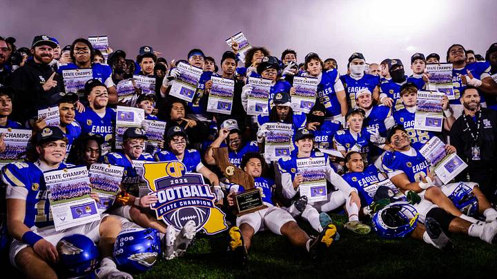Santa Margarita poses after winning the 2025 CIF State Open Division championship with a 47-13 win over De La Salle at Saddleback College; Friday the third-ranked Eagles travel to No. 1 Corona Centennial in a huge 2026 Week 1 showdown. Santa Margarita poses after winning the 2025 CIF State Open Division championship with a 47-13 win over De La Salle at Saddleback College; Friday the third-ranked Eagles travel to No. 1 Corona Centennial in a huge 2026 Week 1 showdown.