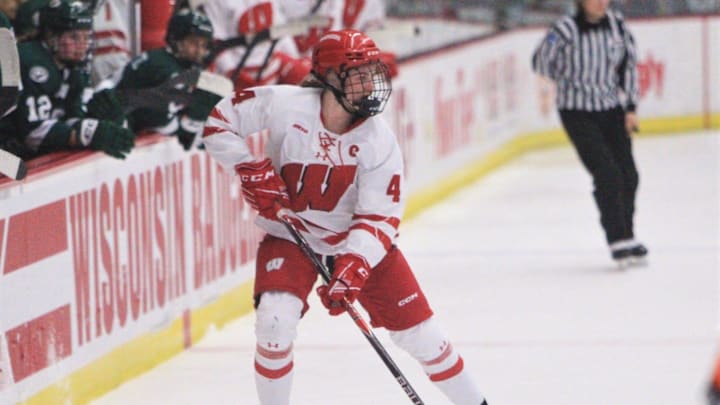Wisconsin's Caroline Harvey looks to make a pass during the first period of a 7-0 victory over Bemidji State Friday Feb. 27, 2026 at LaBahn Arena in Madison, Wis.