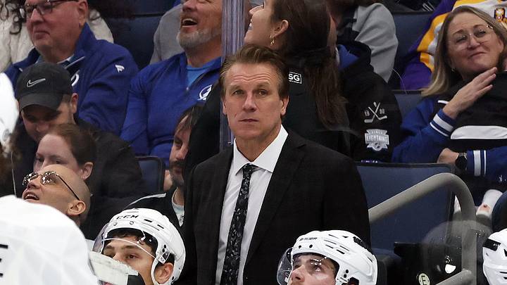 Jan 30, 2025; Tampa, Florida, USA; Los Angeles Kings head coach Jim Hiller against the Tampa Bay Lightning during the third period at Amalie Arena. Mandatory Credit: Kim Klement Neitzel-Imagn Images