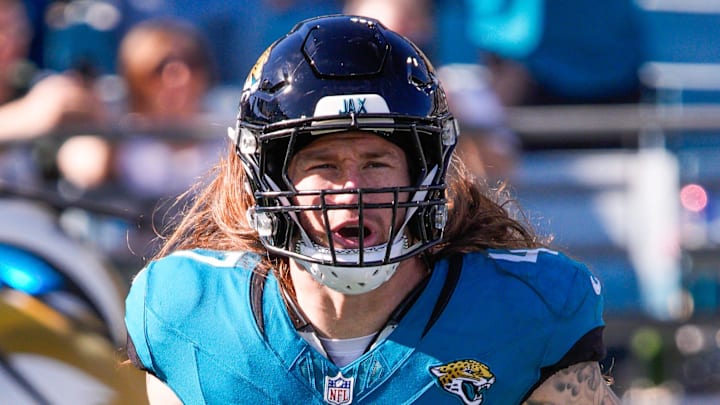 Jacksonville Jaguars linebacker Dennis Gardeck (47) enters the stadium before an NFL football game at EverBank Stadium, Sunday, Dec. 14, 2025, in Jacksonville, Fla. 