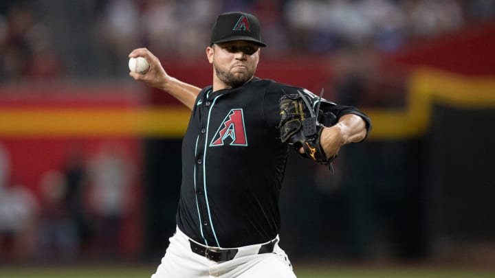 Arizona Diamondbacks pitcher Slade Cecconi (43) delivers a pitch on July 10, 2024 at Chase Field in Phoenix. Arizona Diamondbacks pitcher Slade Cecconi (43) delivers a pitch on July 10, 2024 at Chase Field in Phoenix.