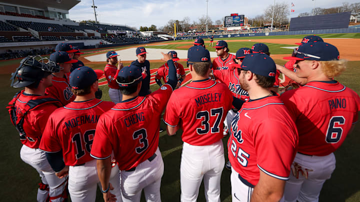 The Ole Miss baseball team prior to taking the field against Wright State on March 1, 2025. The Ole Miss baseball team prior to taking the field against Wright State on March 1, 2025.