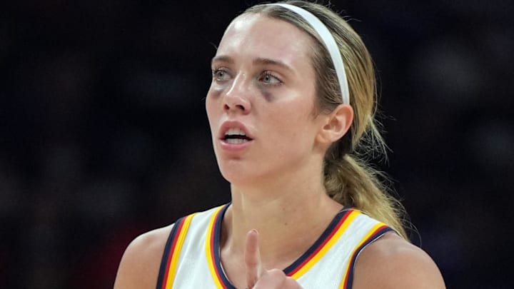 Indiana Fever guard Lexie Hull (10) reacts to a play against the Phoenix Mercury in the first half at PHX Arena.