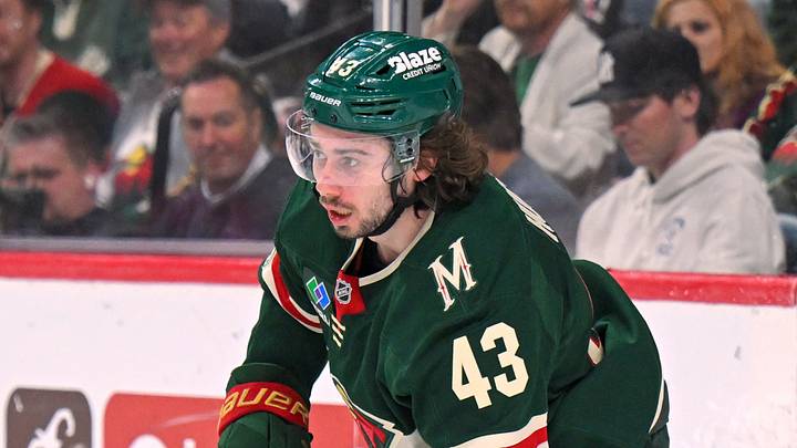Apr 30, 2026; Saint Paul, Minnesota, USA; Minnesota Wild defensemen Quinn Hughes (43) controls the puck against the Dallas Stars during the first period in game six of the first round of the 2026 Stanley Cup Playoffs at Grand Casino Arena. Mandatory Credit: Nick Wosika-Imagn Images Apr 30, 2026; Saint Paul, Minnesota, USA; Minnesota Wild defensemen Quinn Hughes (43) controls the puck against the Dallas Stars during the first period in game six of the first round of the 2026 Stanley Cup Playoffs at Grand Casino Arena. Mandatory Credit: Nick Wosika-Imagn Images