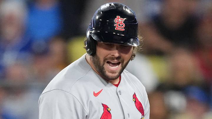 Sep 3, 2026; Los Angeles, California, USA;  St. Louis Cardinals infielder Alec Burleson (41) reacts after striking out against Los Angeles Dodgers pitcher Edgardo Henriquez (not pictured) during the sixth inning at Dodger Stadium.  Mandatory Credit: Kirby Lee-Imagn Images