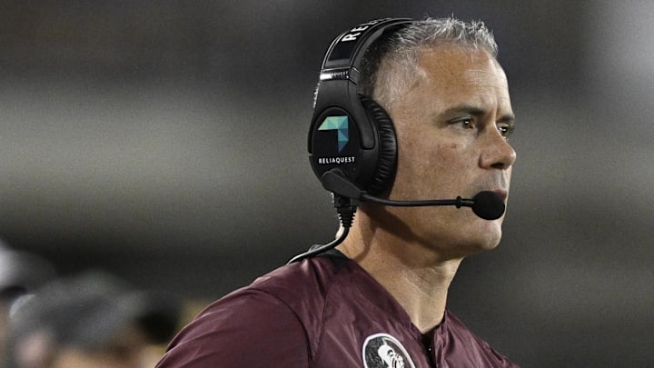 Sep 28, 2024; Dallas, Texas, USA; Florida State Seminoles head coach Mike Norvell during the game between the Southern Methodist Mustangs and the Florida State Seminoles at Gerald J. Ford Stadium. Mandatory Credit: Jerome Miron-Imagn Images