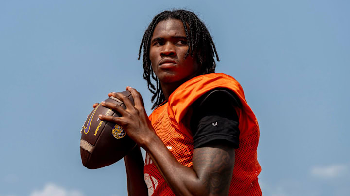 Belleville quarterback Bryce Underwood prepares to throw a pass during practice at the Belleville High School football field in Belleville, Michigan on Wednesday, Aug. 14, 2024. Belleville quarterback Bryce Underwood prepares to throw a pass during practice at the Belleville High School football field in Belleville, Michigan on Wednesday, Aug. 14, 2024.